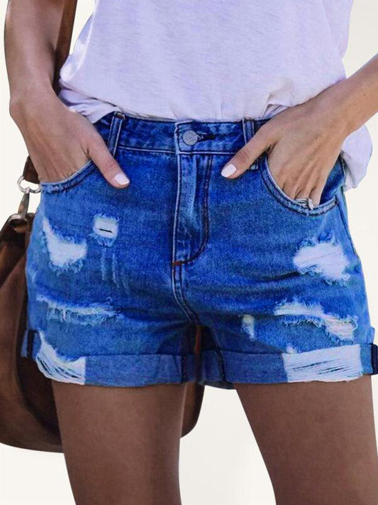 DESTROYED HIGH STRETCH DENIM SHORTS Purplish blue navy