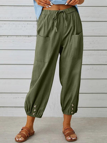 Loose high-waisted button-down cotton and linen cropped trousers wide-leg women's trousers Olive green