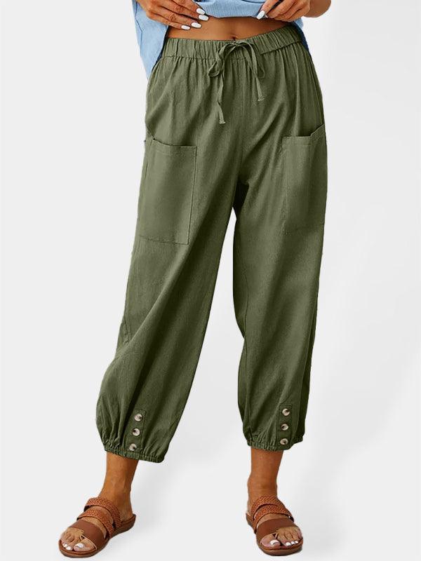 Loose high-waisted button-down cotton and linen cropped trousers wide-leg women's trousers Olive green