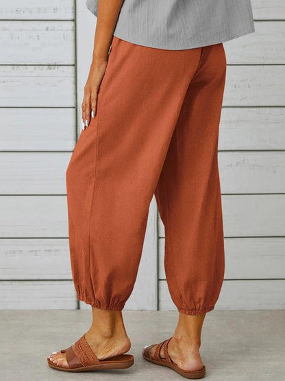 Loose high-waisted button-down cotton and linen cropped trousers wide-leg women's trousers Khaki