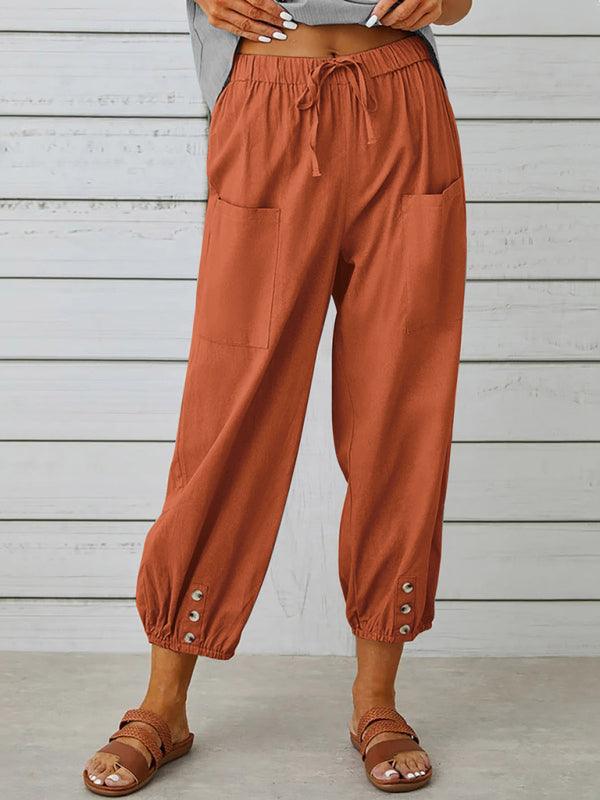 Loose high-waisted button-down cotton and linen cropped trousers wide-leg women's trousers Brick red