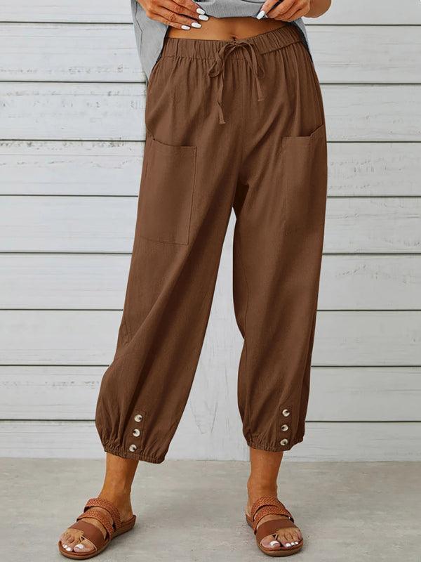 Loose high-waisted button-down cotton and linen cropped trousers wide-leg women's trousers Brown