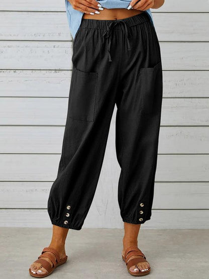 Loose high-waisted button-down cotton and linen cropped trousers wide-leg women's trousers Black