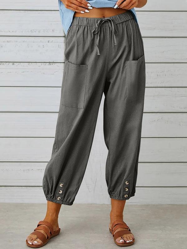 Loose high-waisted button-down cotton and linen cropped trousers wide-leg women's trousers Charcoal grey