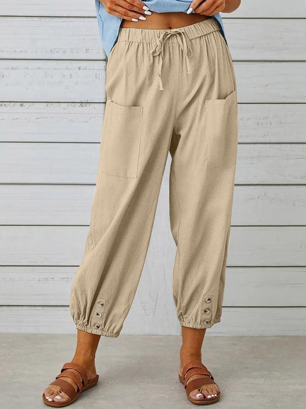 Loose high-waisted button-down cotton and linen cropped trousers wide-leg women's trousers Khaki