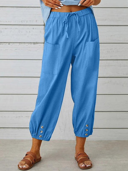 Loose high-waisted button-down cotton and linen cropped trousers wide-leg women's trousers Clear blue