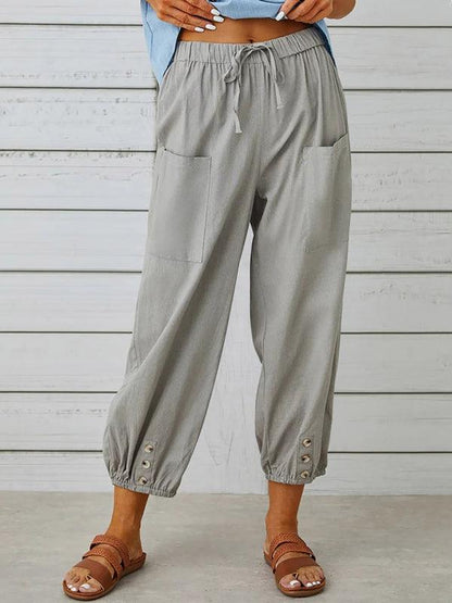 Loose high-waisted button-down cotton and linen cropped trousers wide-leg women's trousers Misty grey