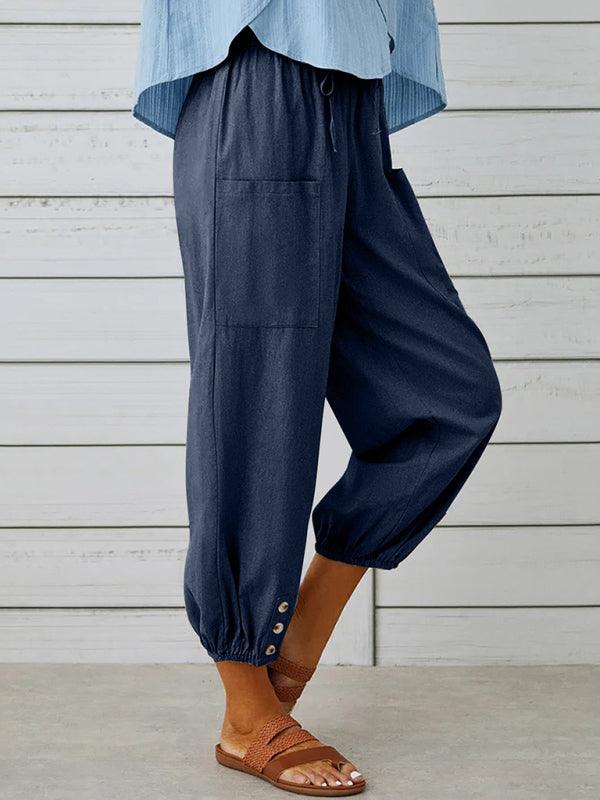 Loose high-waisted button-down cotton and linen cropped trousers wide-leg women's trousers Black