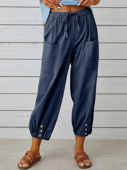 Loose high-waisted button-down cotton and linen cropped trousers wide-leg women's trousers Champlain color