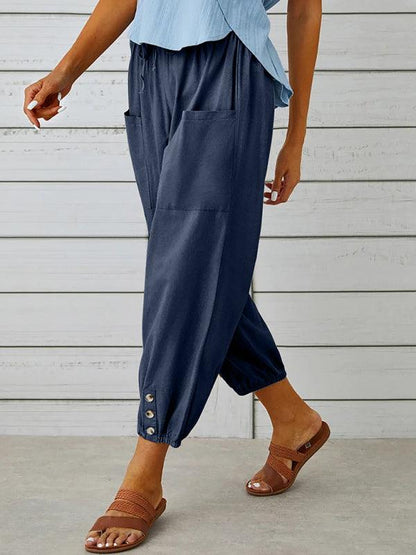 Loose high-waisted button-down cotton and linen cropped trousers wide-leg women's trousers Charcoal grey