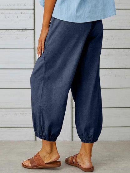 Loose high-waisted button-down cotton and linen cropped trousers wide-leg women's trousers Charcoal grey