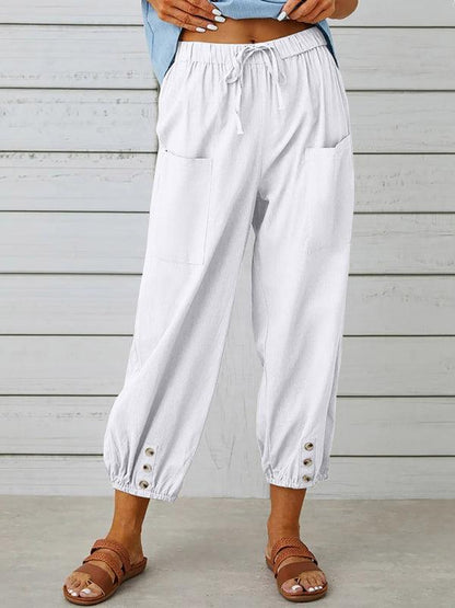 Loose high-waisted button-down cotton and linen cropped trousers wide-leg women's trousers White