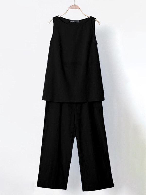 Women's Solid Color Cotton Linen Sleeveless Top + Wide-leg Pants Two-Piece Suit Black