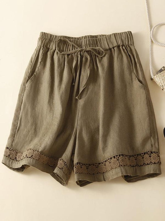 Women's woven cotton linen hollow lace loose shorts Khaki