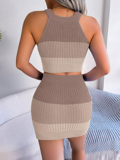 Ladies Gradient Crop Top + Skirt Two-Piece Set Khaki