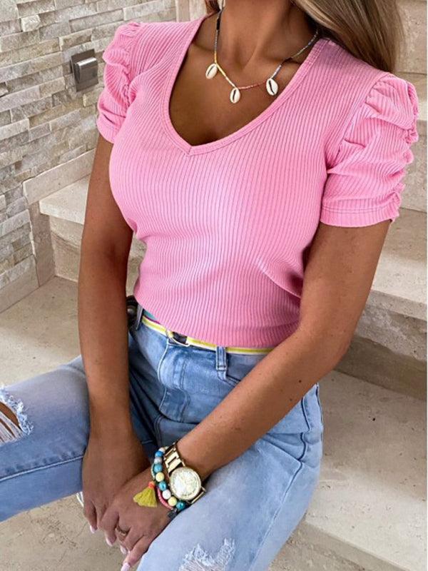 Elastic pit strip thread pullover puff sleeve V-neck short-sleeved T-shirt for women Pink