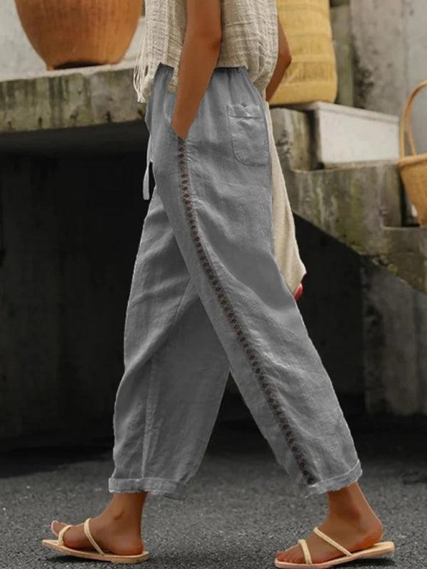 Women's Solid Color Cotton Linen Casual Pants Stitching Sweet Cropped Pants Grey