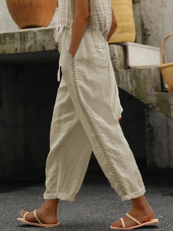 Women's Solid Color Cotton Linen Casual Pants Stitching Sweet Cropped Pants Khaki