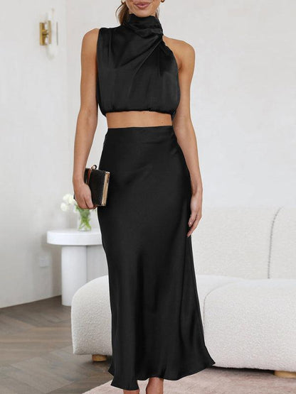 Women's sexy bib top drape skirt elegant two-piece set Black