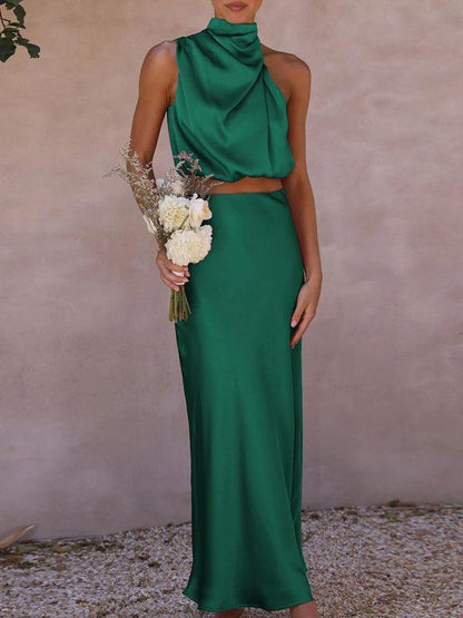 Women's sexy bib top drape skirt elegant two-piece set Deep green