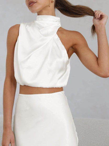 Women's sexy bib top drape skirt elegant two-piece set White