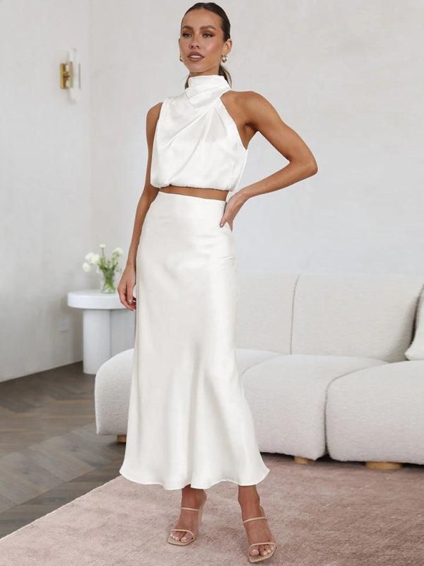 Women's sexy bib top drape skirt elegant two-piece set White