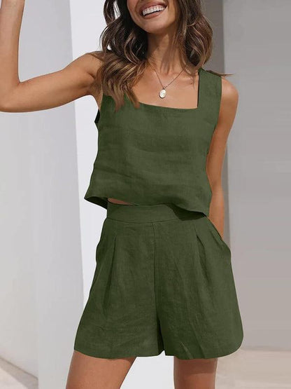 Women's Solid Color Casual Cotton Linen Sleeveless Square Neck Top + Shorts Two-Piece Set Olive green L