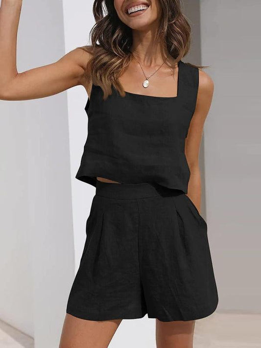 Women's Solid Color Casual Cotton Linen Sleeveless Square Neck Top + Shorts Two-Piece Set Black S