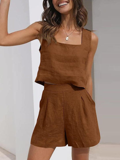 Women's Solid Color Casual Cotton Linen Sleeveless Square Neck Top + Shorts Two-Piece Set Coffee L