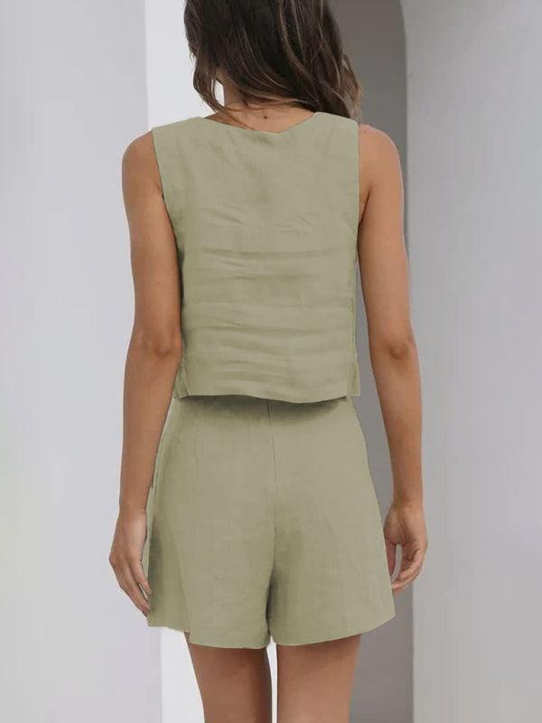 Women's Solid Color Casual Cotton Linen Sleeveless Square Neck Top + Shorts Two-Piece Set Khaki