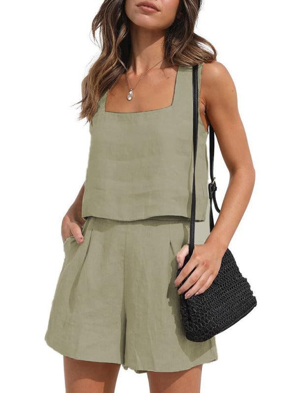 Women's Solid Color Casual Cotton Linen Sleeveless Square Neck Top + Shorts Two-Piece Set Coffee L