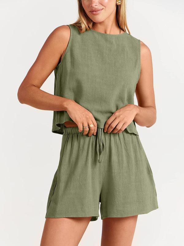 Women's woven solid color sleeveless loose cotton linen top shorts two-piece set Olive green