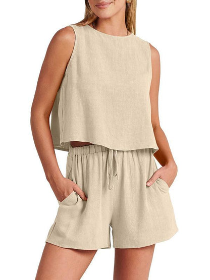 Women's woven solid color sleeveless loose cotton linen top shorts two-piece set Grey