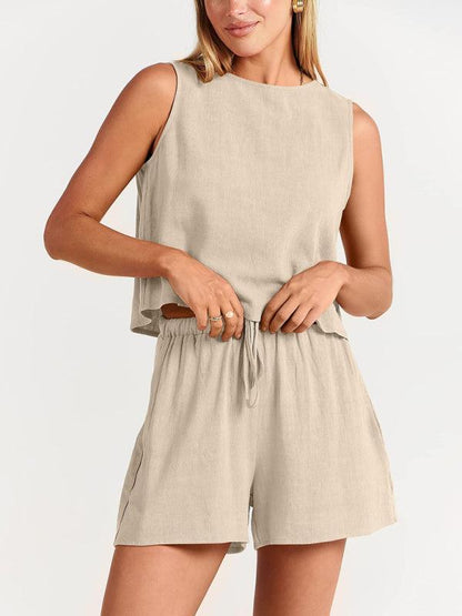 Women's woven solid color sleeveless loose cotton linen top shorts two-piece set Cracker khaki