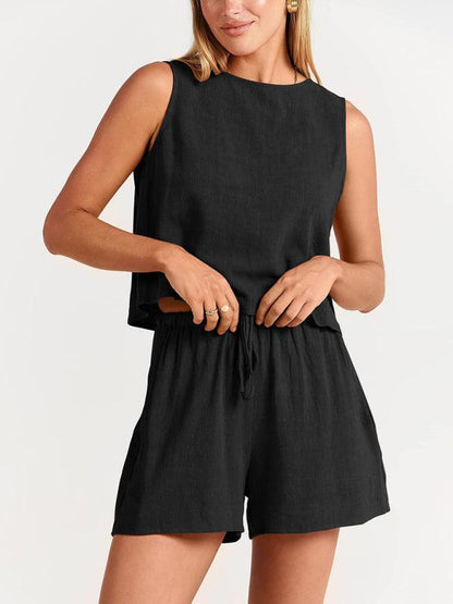 Women's woven solid color sleeveless loose cotton linen top shorts two-piece set Black