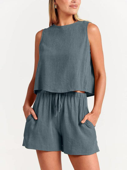 Women's woven solid color sleeveless loose cotton linen top shorts two-piece set Charcoal grey