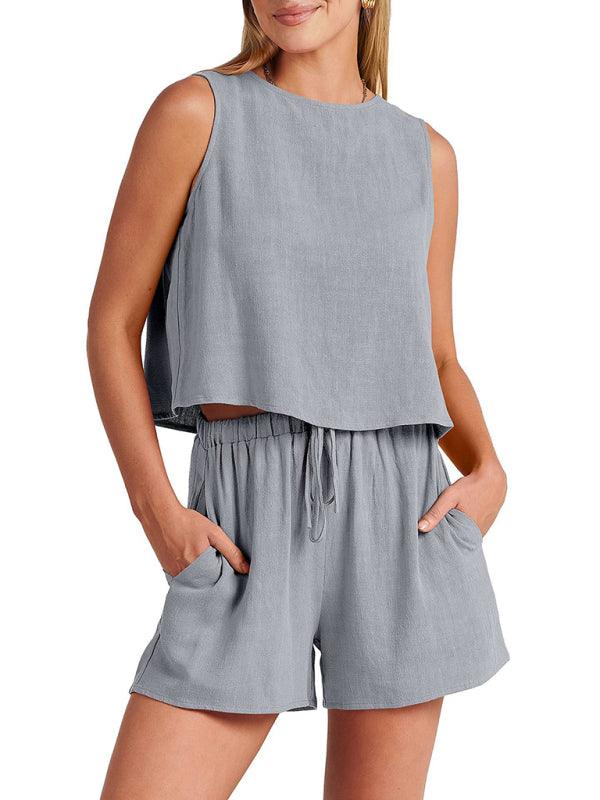 Women's woven solid color sleeveless loose cotton linen top shorts two-piece set Grey