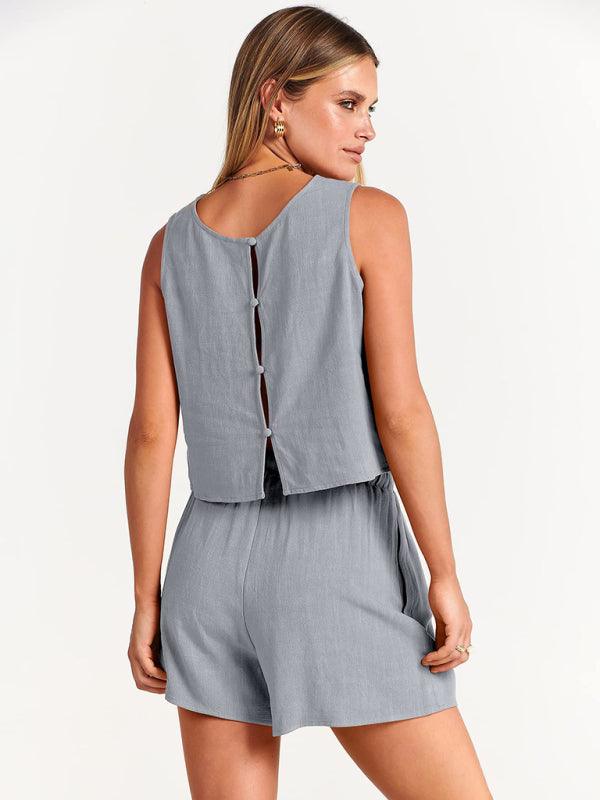 Women's woven solid color sleeveless loose cotton linen top shorts two-piece set Grey