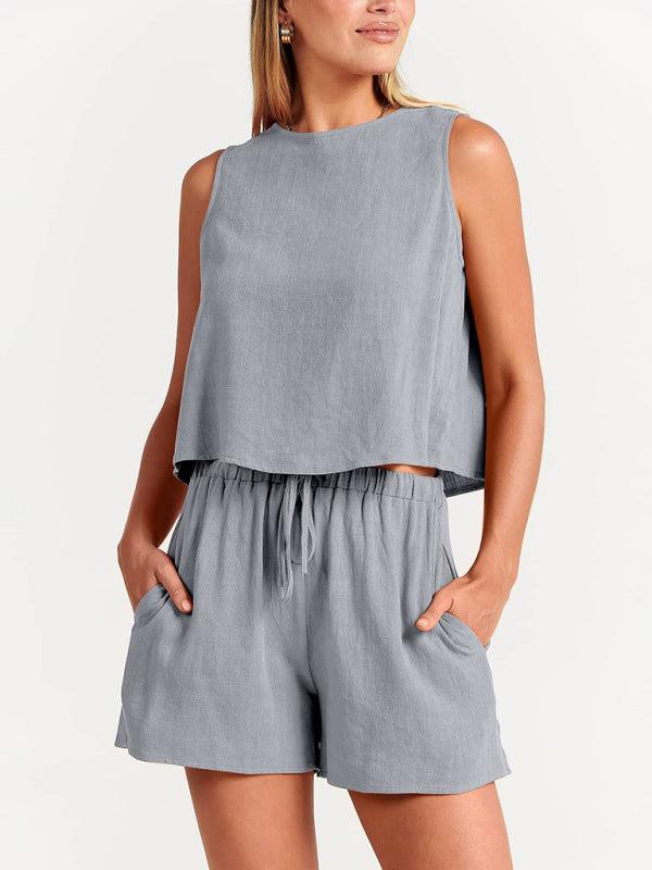 Women's woven solid color sleeveless loose cotton linen top shorts two-piece set Grey