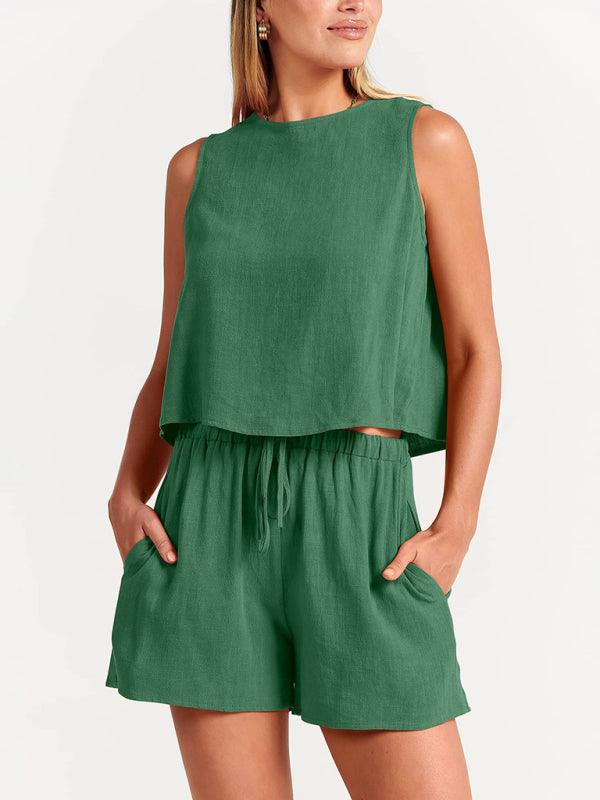 Women's woven solid color sleeveless loose cotton linen top shorts two-piece set Green