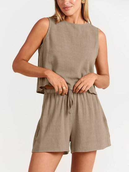 Women's woven solid color sleeveless loose cotton linen top shorts two-piece set Khaki