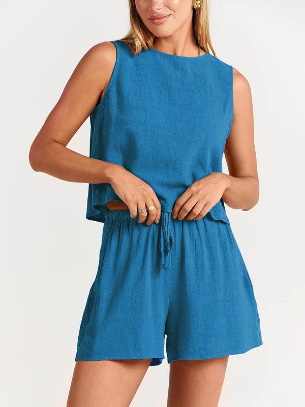 Women's woven solid color sleeveless loose cotton linen top shorts two-piece set Acid blue