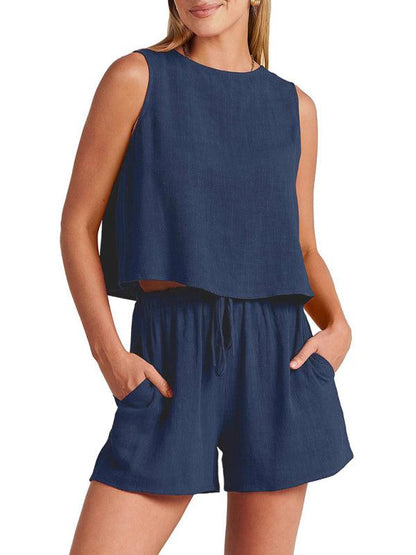 Women's woven solid color sleeveless loose cotton linen top shorts two-piece set Grey