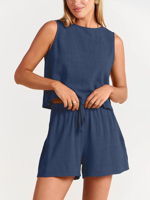 Women's woven solid color sleeveless loose cotton linen top shorts two-piece set Champlain color