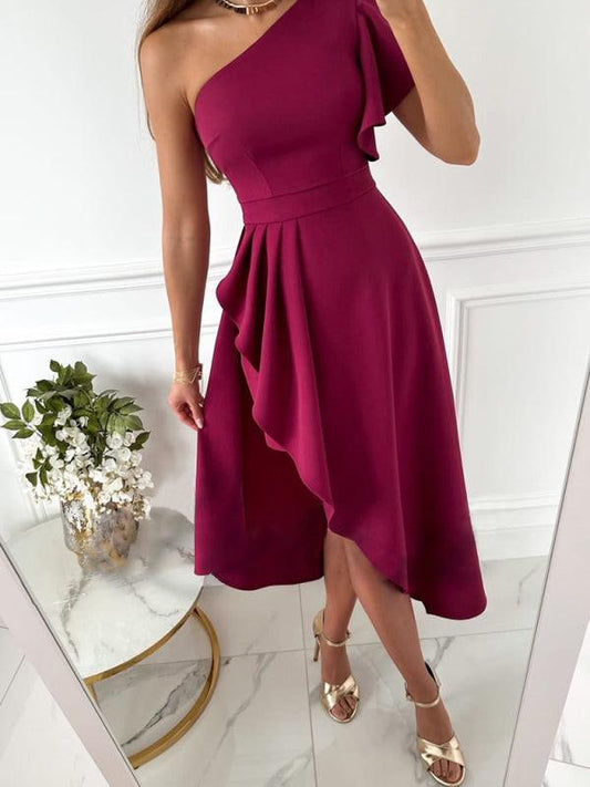 Women's Solid Color Elegant Slash Neck Slit Solid Color Dress Wine Red