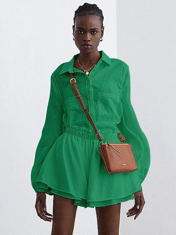 Top Ruffle Shorts Two-piece Casual Fashion Suit Green