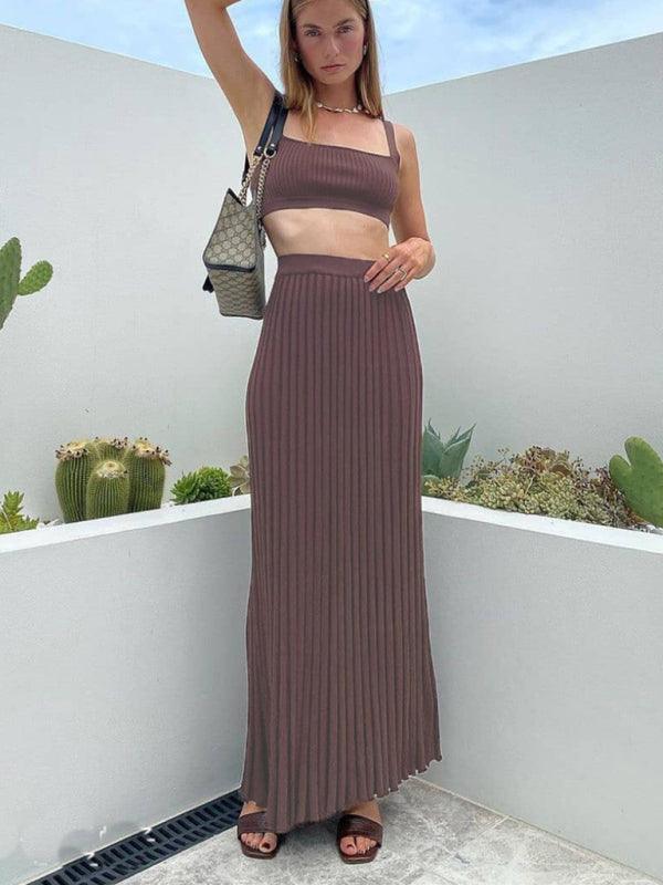 Knitted Camisole + Skirt Elegant Sleeveless Short Top Pleated Skirt Set Coffee