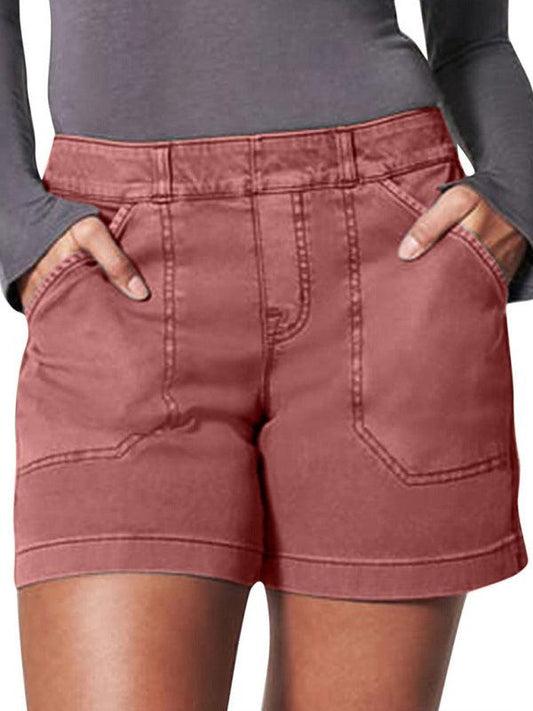 New fashion all-match women's high elastic twill large pocket solid color casual shorts Brown