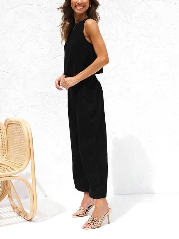 Women's casual sleeveless button-down vest cropped wide-leg pants cotton and linen suit Black