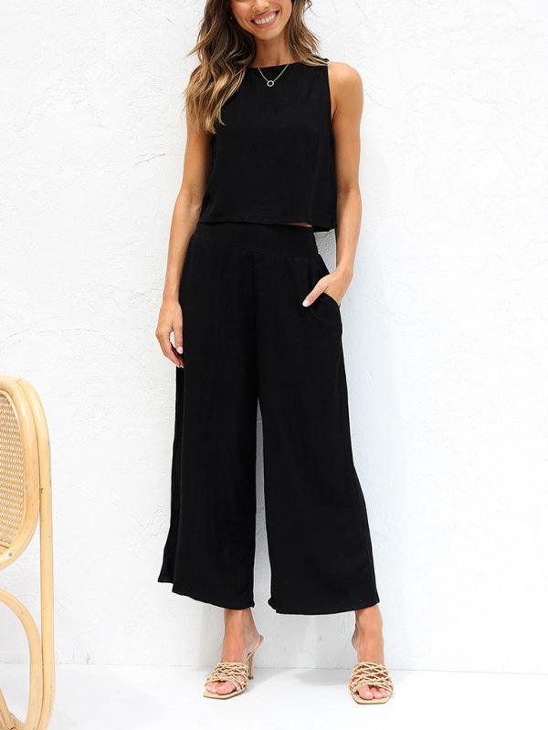 Women's casual sleeveless button-down vest cropped wide-leg pants cotton and linen suit Black